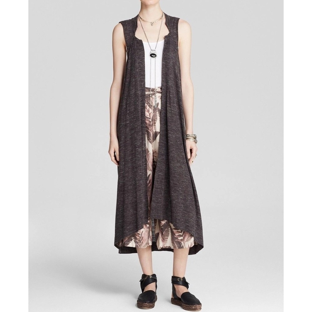 Free People Charcoal Grey Marl Sleeveless Longline Duster Cardigan XS Boho